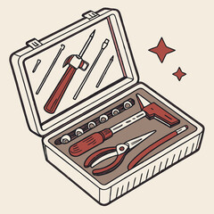 A vintage style illustration of an open toolbox filled with essential hand tools including a hammer pliers screwdrivers and sockets ready for diy projects