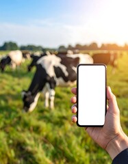 Smartphone in hand, cows grazing