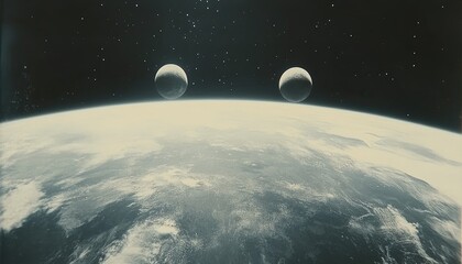 Two pale moons hover above a pale, cloudy Earth in a dark space