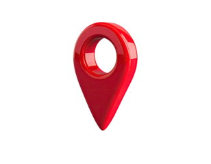 A glossy 3D red location pin icon on a black background