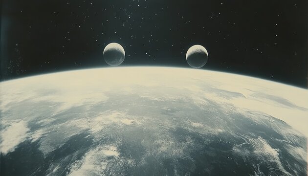 Two pale moons hover above a pale, cloudy Earth in a dark space - Powered by Adobe