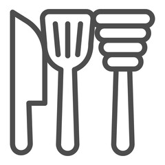 Knife, spatula and mixer line icon, cooking concept. Vector graphics. Kitchen set sign on white background, outline style icon for mobile or web design.