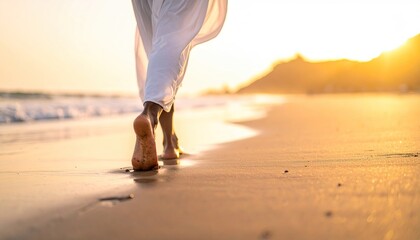 Barefoot Person Walking Along Sandy Beach at Sunset with Golden Light Footprints Reflecting in the Wet Sand and Distant Coastal Hillside