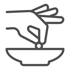 Hand with additive, seasoning and plate line icon, cooking concept. Vector graphics. Spices sign on white background, outline style icon for mobile or web design.