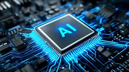 A close-up view of a modern AI microchip embedded in a circuit board, showcasing intricate details and vibrant blue lighting, representing advancements in artificial intelligence t