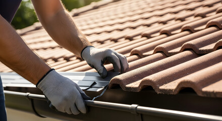 Close-up of Gutter Worker Hands Installing New Rain Gutter on Terracotta Tile Roof, Home Exterior Maintenance.