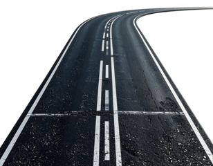 Asphalt road curving to the right with lane markings, isolated on black