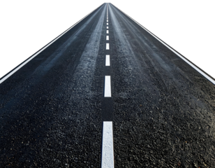 A long, straight asphalt road, white lines dividing lanes, dark background