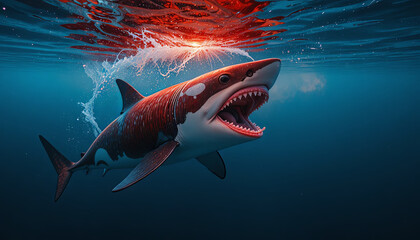 A shark is swimming just below the ocean surface during sunset. Its mouth is wide open, showcasing its sharp teeth. The water splashes around as the sun sets, creating a dramatic scene