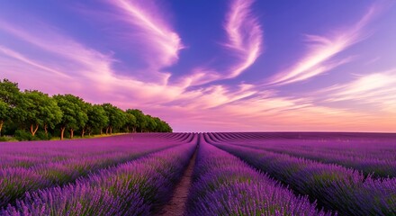 Obraz premium Vast lavender field stretching towards the horizon under a dramatic purple and pink sunset sky with wispy clouds vacation background