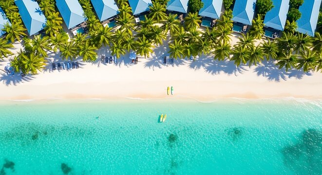 Aerial view of a tropical beach resort with palm trees, bungalows, and crystal clear turquoise water vacation background