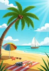 Obraz premium Tropical beach vacation cartoon illustration with palm tree and sailboat view scene