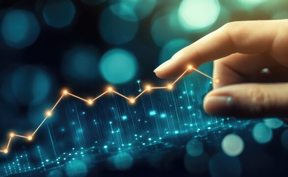 Hand touches upward trend graph, digital interface