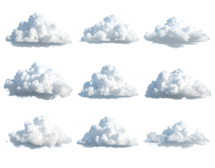 Nine fluffy white clouds arranged in a three-by-three grid, on a black background