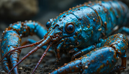 A bright blue lobster rests on the ocean floor, showcasing its vivid colors and detailed texture. The scene captures the unique beauty of marine life in its natural environment