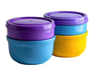 Stacked colorful food storage containers with lids