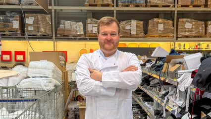 Beaming chef in bustling warehouse, Celtic Pride culinary expedition, International Chef's Day, flavor alchemy, organizational symphony April 5 2025, Barcelona, Spain