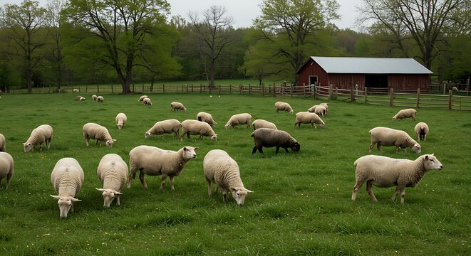 Sheep grazing peacefully in a green pasture with a rustic barn in the background