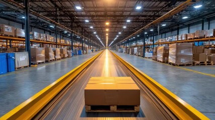 Industrial warehouse interior featuring cargo pallets on conveyor, organized shelves, and bright overhead lighting system 4k video footage - Powered by Adobe