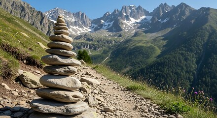 Mountain Hiking Trail with Stacked Rocks.