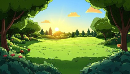 Cartoon sunrise over a lush green meadow