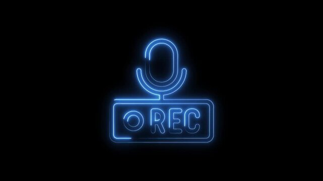 Animated glowing blue neon microphone with rec sign against black background