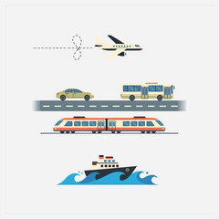 Various Modes of Transportation Depicted Airplane, Car, Bus, Train, and Ship on a White Background