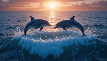 Two dolphins leaping out of the ocean at sunset with a golden sky