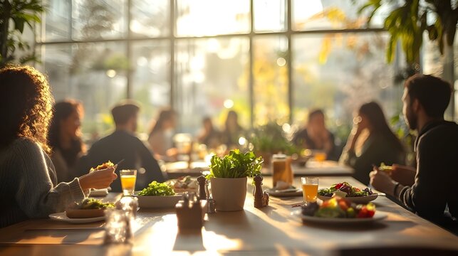 People enjoying a meal together in a sunlit restaurant