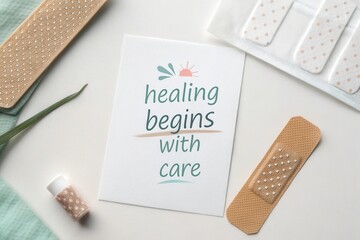 Bandage packets and a white paper quote on a surface