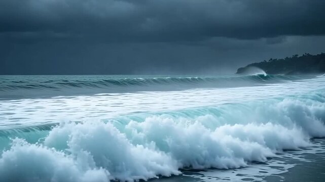 Dramatic stormy ocean waves crashing on beach, dark moody seascape under heavy rain clouds, powerful turquoise sea water foam and surf