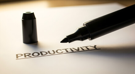 Boosting Workplace Efficiency: A black marker emphasizes the word Productivity in a dramatic, warm light on an office desk.
