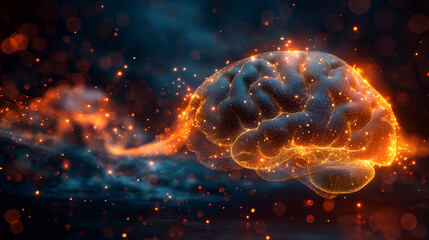 A hyper-real 3D render of a glowing digital brain floating in a dark, cinematic scene. Networks of orange and blue light trace neural pathways