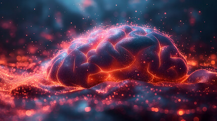 A hyper-real 3D render of a glowing digital brain floating in a dark, cinematic scene. Networks of orange and blue light trace neural pathways