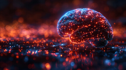 A hyper-real 3D render of a glowing digital brain floating in a dark, cinematic scene. Networks of orange and blue light trace neural pathways