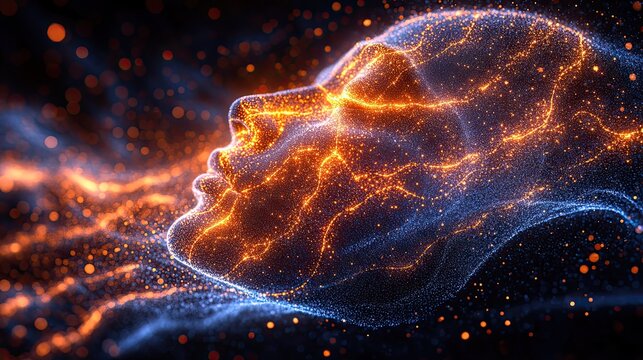 Abstract glowing human head silhouette with vibrant orange and blue light streams