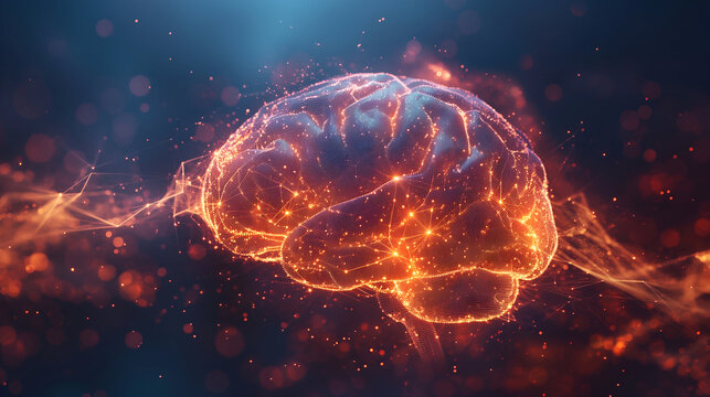 A hyper-real 3D render of a glowing digital brain floating in a dark, cinematic scene. Networks of orange and blue light trace neural pathways