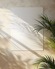 Sunlit poster mockup scene featuring a blank vertical frame on a textured plaster wall with soft palm-leaf shadows