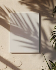 Sunlit poster mockup scene featuring a blank vertical frame on a textured plaster wall with soft palm-leaf shadows