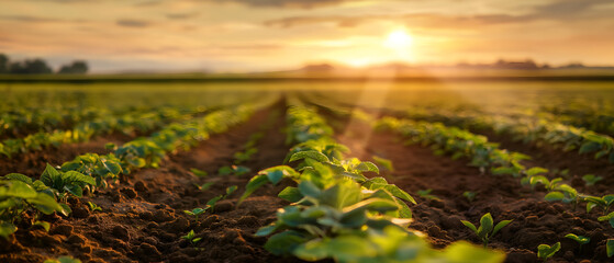 Golden-hour sunlight washes over neat rows of young crops in a wide rural field, highlighting fresh green leaves against rich
