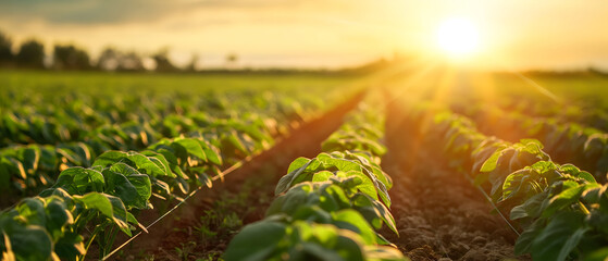 Golden-hour sunlight washes over neat rows of young crops in a wide rural field, highlighting fresh green leaves against rich