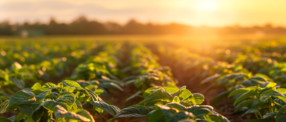 Golden-hour sunlight washes over neat rows of young crops in a wide rural field, highlighting fresh green leaves against rich