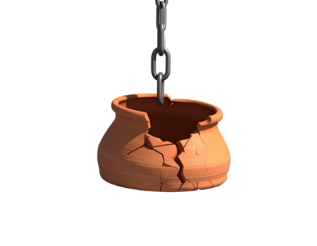 A broken terracotta pot suspended by a chain against a stark black backdrop