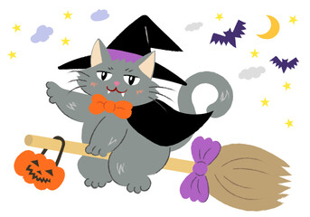 ハロウィンの仮装をして夜空を飛ぶ黒猫　