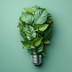 Conceptual image of a light bulb formed from lush green leaves on a teal background, symbolizing sustainable innovation, clean energy, and eco-friendly ideas with a fresh, minimal aesthetic.