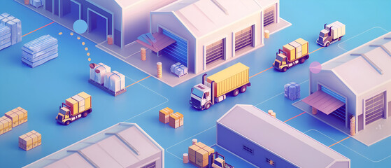 Isometric 3D illustration of a modern logistics hub with warehouses, loading docks, and fleets of trucks moving cargo and pallets