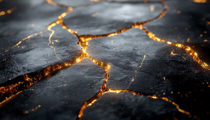 Close-up view of cracked, dark rock with glowing, molten lava flowing through fissures.