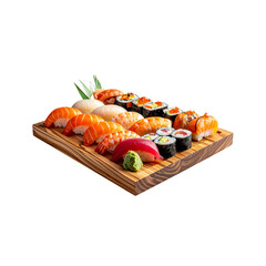Fresh sushi with salmon sashimi on a plate, ready for a Japanese gourmet meal