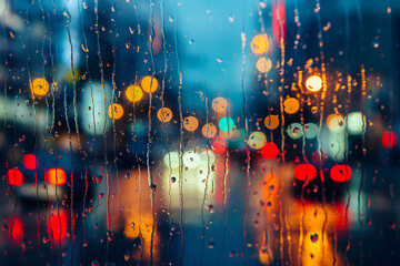 Close-up of raindrops and vertical water streaks on a window with colorful city lights glowing in soft bokeh behind the glass.