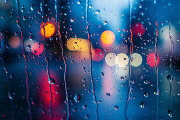 Close-up of raindrops and vertical water streaks on a window with colorful city lights glowing in soft bokeh behind the glass.